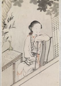 書物を読む女性（清代の絵画　大木蔵)